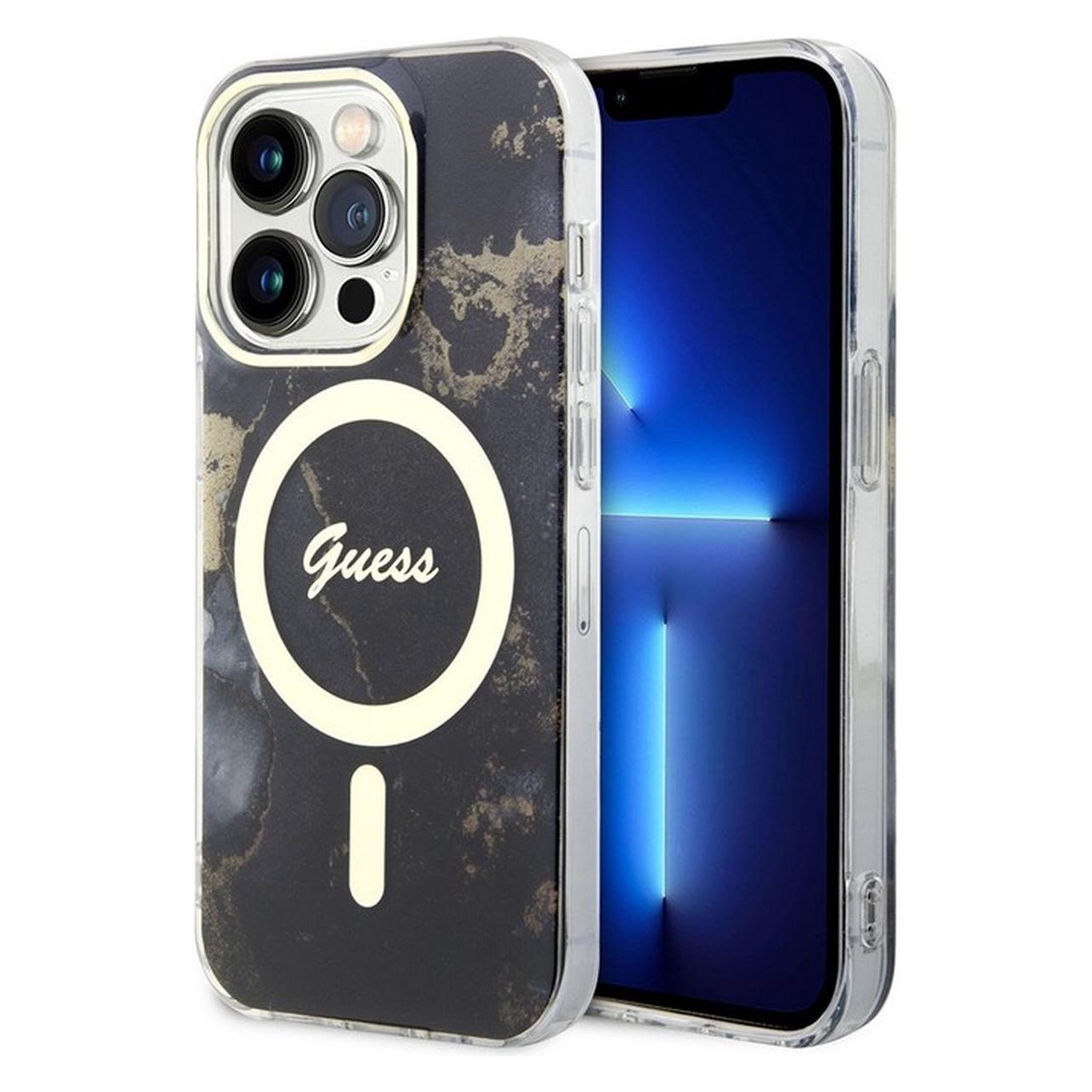 Guess GUHMP14XHTMRSK IPhone 14 Pro Max 6.7" Czarny/black Hardcase Golden Marble MagSafe (Apple IPhone 14 Pro Max), Smartphone Hülle, Schwarz