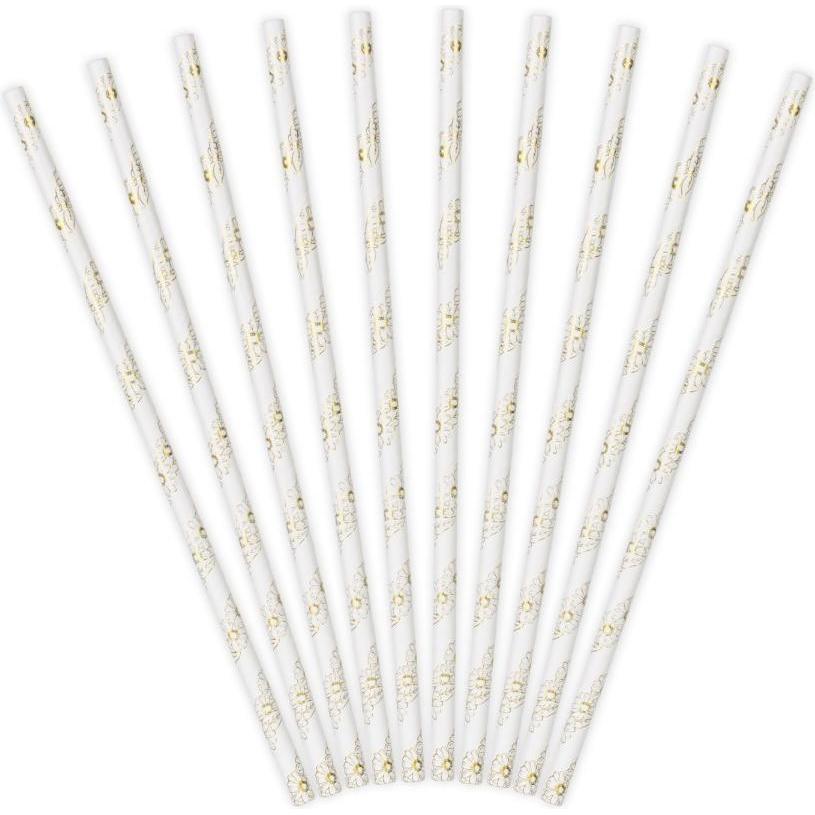 Partydeco Papierstroh - Blumen (10pcs), Strohhalm, Weiss