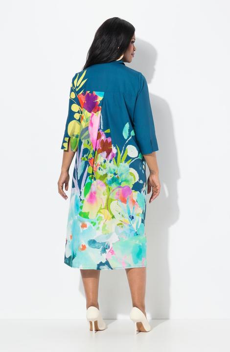 Immagine prodotto Ulla Popken Abito midi dal taglio svasato con fiori, colletto da camicia e maniche a 3/4 (58)
