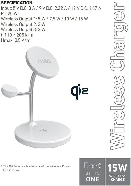 Produktbild SBS Kabellose Qi2 3x1-Ladestation für iPhone 16/15/14/13/12, Android-Smartphones, Apple Watch und kabell (15 W)