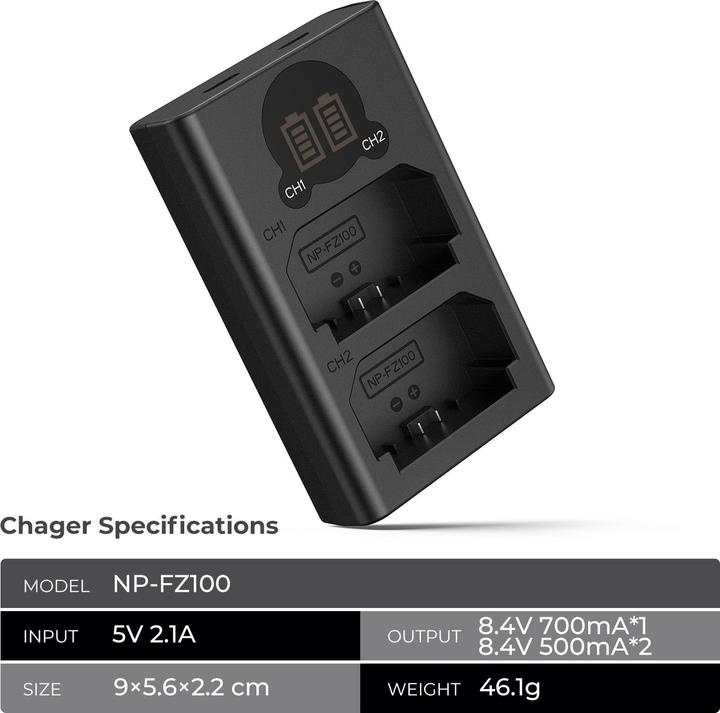 Produktbild K&F Concept FZ100 Digital Camera Dual Channel Type-C Charger with LCD Digital Display Screen (Kamera Akku Ladegerät)