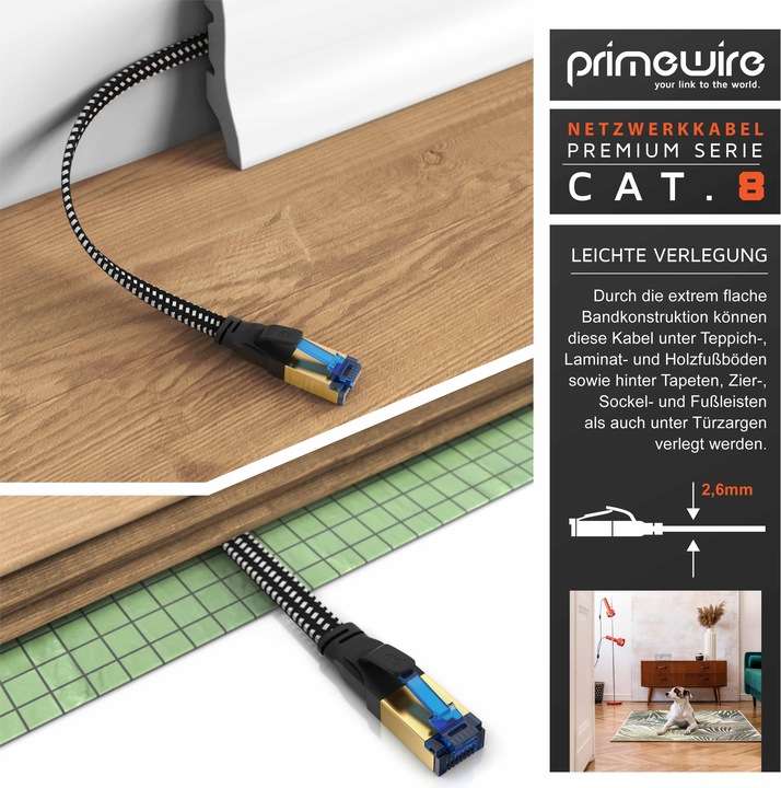 Produktbild Primewire CAT 8 Netzwerkkabel Flach Baumwollmantel - LAN Patchkabel Datenkabel - Flachbandkabel - Verlegekabel (U/FTP, CAT8.1, 1 m)