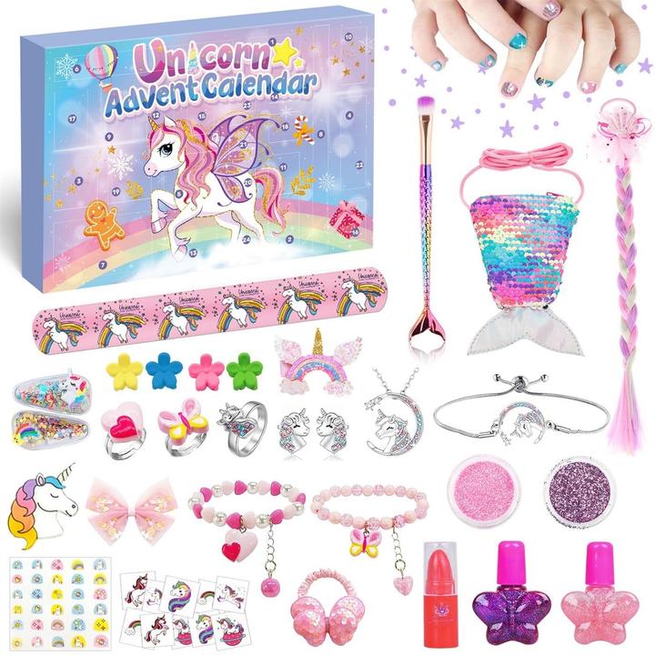 Image du produit Activity Board Adventskalender 2024 Weihnachtskalender 24 Füllungen Einhorn Kalender Schmuck Haarschmuck Tattoo