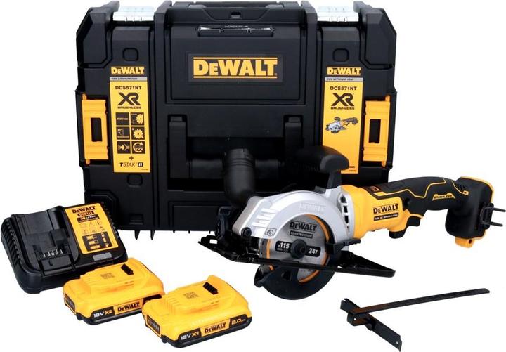 Actual product image DeWalt DCS 571 D2 Battery hand-held circular saw 18 V 115 mm Brushless + 2x battery 2.0 Ah + charger +