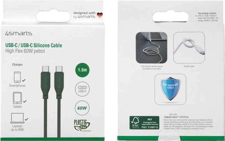 Produktbild 4smarts USB-C / USB-C Silikon-Kabel High Flex 60W 1,5m petrol (1.50 m, USB 2.0)