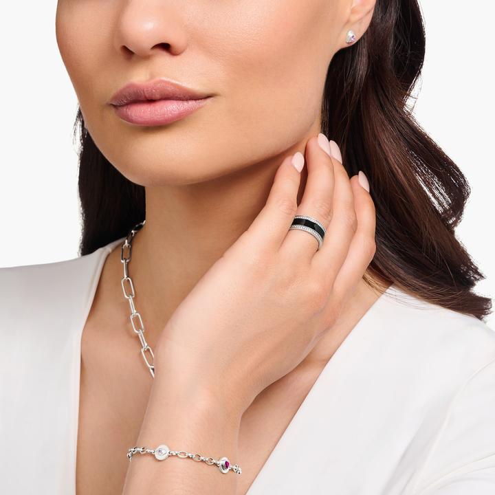 Immagine prodotto Thomas Sabo Anello a fascia con smalto nero a freddo e pietre bianche in argento annerito (50, 925 Argento)