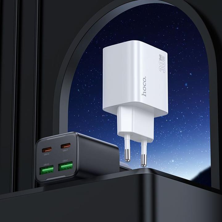 Produktbild Hoco Adapter charger 2 x Type C + 2 x USB A + cable Type C to Type C PD QC3.0 3A 30W N56 white (30 W, 4 Ports)