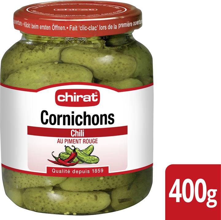 Produktbild Chirat Essig Cornichons Chili, Essig Gürkchen ideal zu Sandwich, Salat, Picknick, Grillieren oder Snack (450 g)