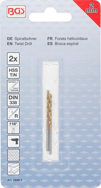 Produktbild BGS Spiralbohrer HSS-G titan-nitriert 2,0 mm 2-tlg. (2,0 mm)