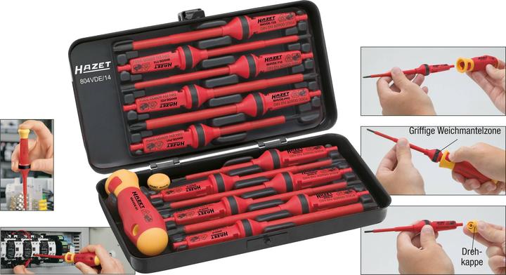 Actual product image HAZET Screwdriver set ∙ with protective insulation 804VDE/14 ∙ Pozidriv profile PZ, Cross recess pr… (Phillipps cross recess (PH), Torx (TX), Pozidriv cross recess (PZ), Slotted screws)
