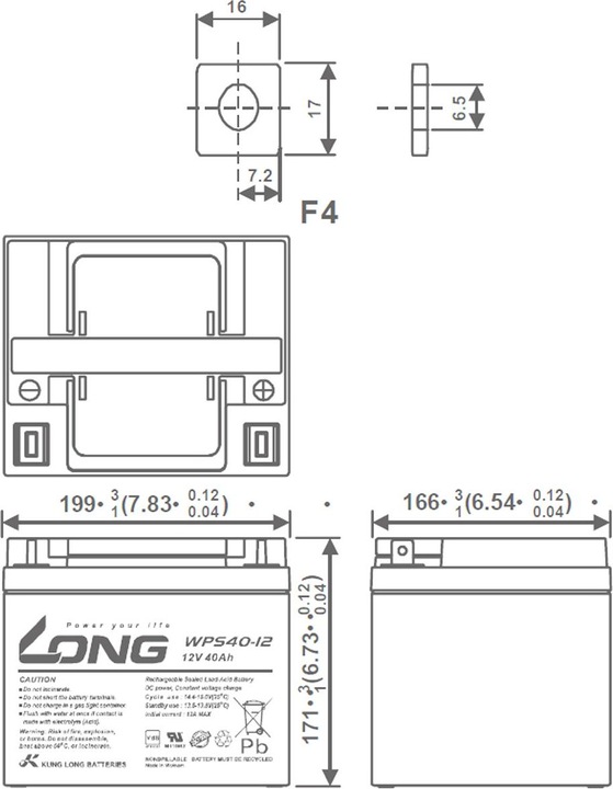 Produktbild Kung Long WPS40-12 PB Blei Akku 12 Volt 40Ah mit M6 Flachpol Anschluss (12 V, 40 Ah)