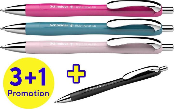 Produktbild Schneider 3 + 1 GRATIS: Kugelschreiber Slider Rave XB farbsortiert Schreibfarbe blau, 3 St. + GRATIS (Farbig sortiert, Türkis, power-pink, Rose, Schwarz, 4 x)