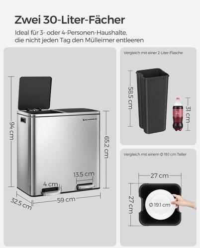 Immagine prodotto Songmics Treteimer 2 x 30 L, Silber, Fassungsvermögen: 60 (60 l)
