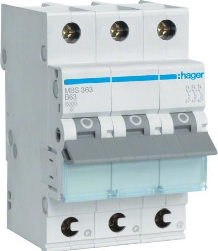 Actual product image Hager Circuit breaker 3p. B-63A,6kA,3M QC MBS363