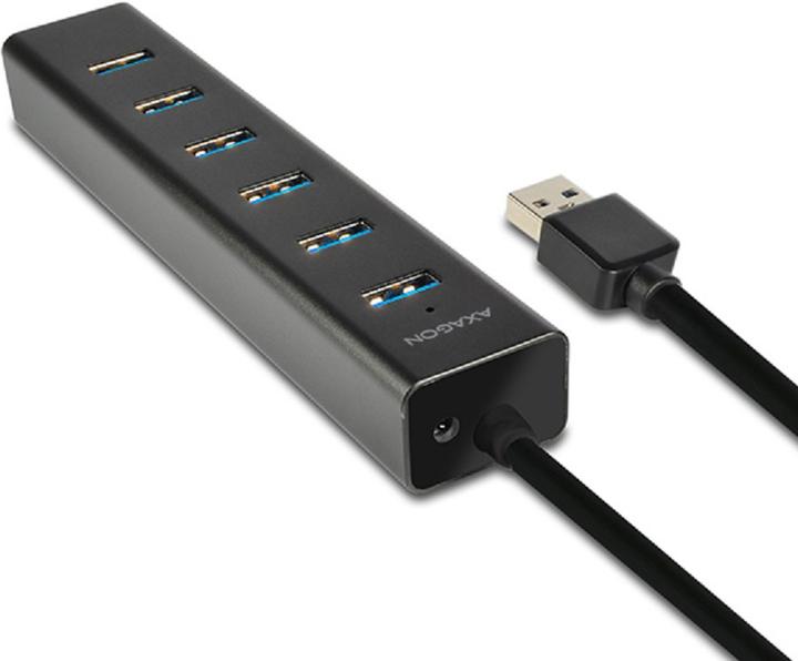 Actual product image Axagon HUE-SA7BP 7x USB3.0 ALU charging hub incl. AC adapter, Juodas (USB-A, USB-B, 7 ports)