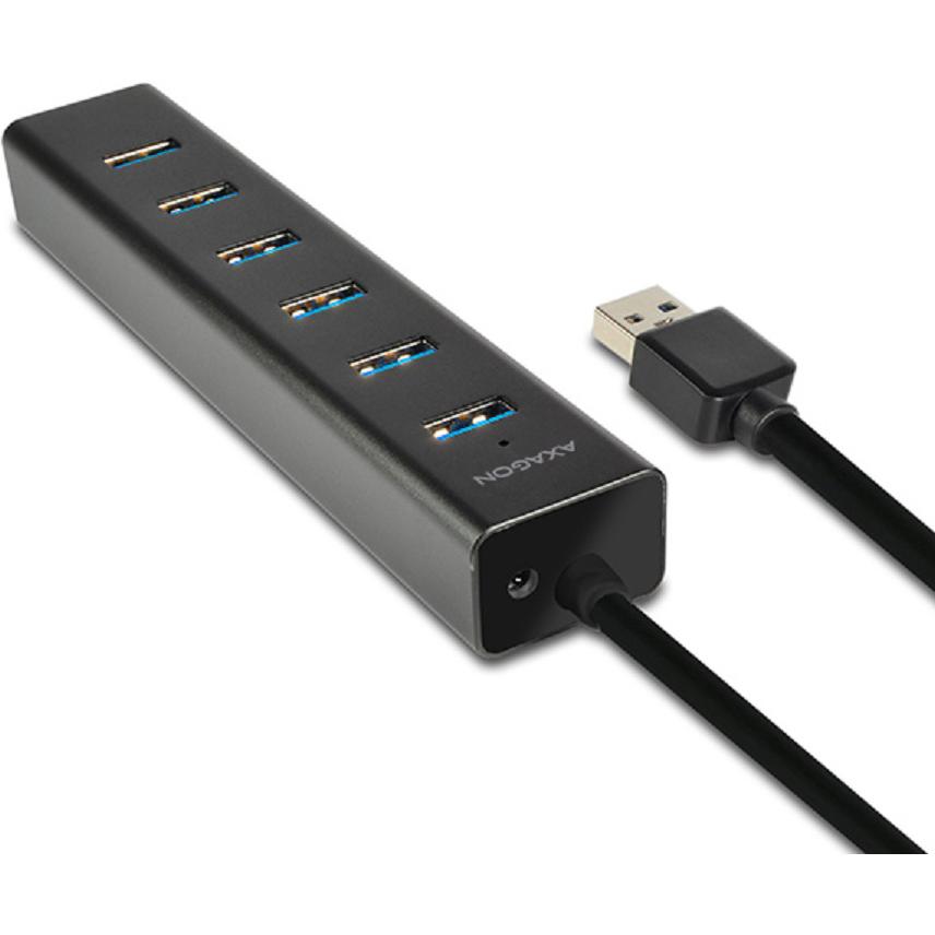 Thumbnail - Axagon HUE-SA7BP 7x USB3.0 ALU Ladehub inkl. AC-Adapter, Juodas (USB-A, USB-B, 7 Ports), Dockingstation + USB Hub, Schwa...