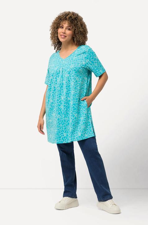 Image du produit Ulla Popken T-shirt long avec plis fantaisie, silhouette en A évasée, col en V et manches courtes (46, 48)