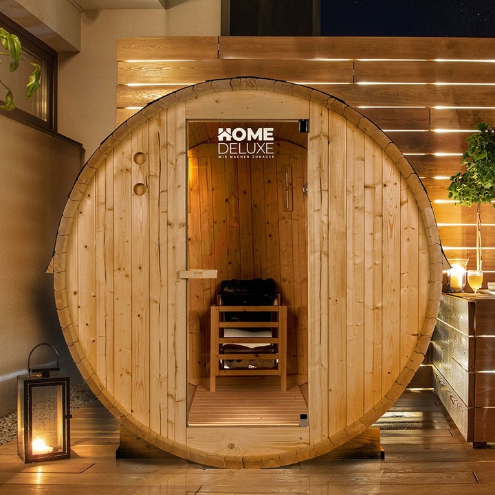 Home Deluxe Outdoor Sauna Fasssauna AQUILA L- 195 x 180 cm für 4 Personen - Sauna mit 6kW Ofen