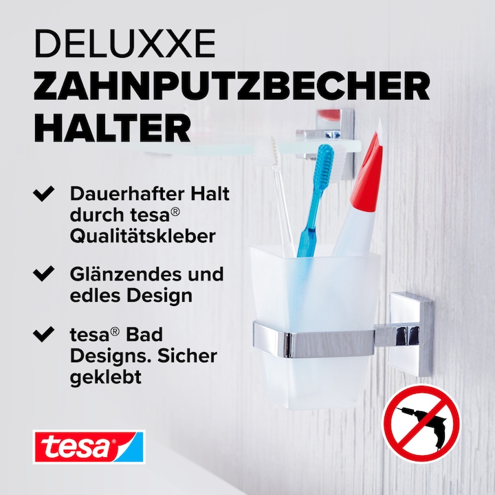 Produktbild tesa DELUXXE Zahnputzbecher inkl. Klebelösung ohne Bohren (9 x 13.5 x 18 cm)