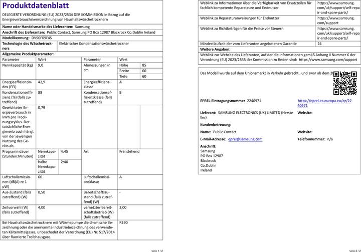 Produktbild Samsung DV90F09F4SU2 (9 kg, Wechselbar)