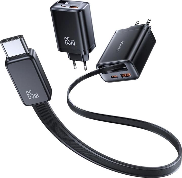 Image du produit Usams CC299 65W Fast Charger With Retractable Type-C Cable (EU) - Xiang Series Black (65 W)