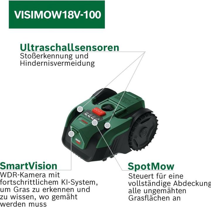 Actual product image Bosch Home & Garden VisiMow 18V-100 Solo (100 m², Without boundary wire)