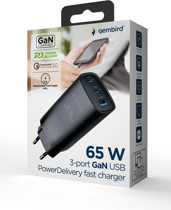 Actual product image Gembird Power Delivery Charger 1xA 2xC GaN Black (65 W, 3 ports)