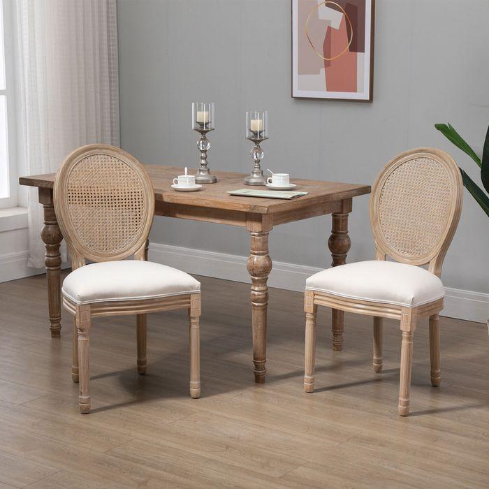 Produktbild Swisshandel24 2er Set Esszimmerstühle Vintage Küchenstuhl im Leinenoptik Polsterstuhl mit Rattan-Rückenlehne Massi