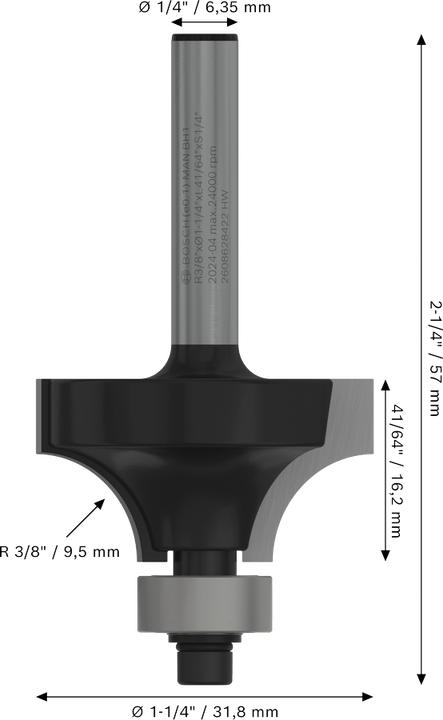 Produktbild Bosch Professional Zubehör Abrundfräser, 1/4-Zoll, R1 9,5 mm, D 31,8 mm, L 16,2 mm, G 57 mm