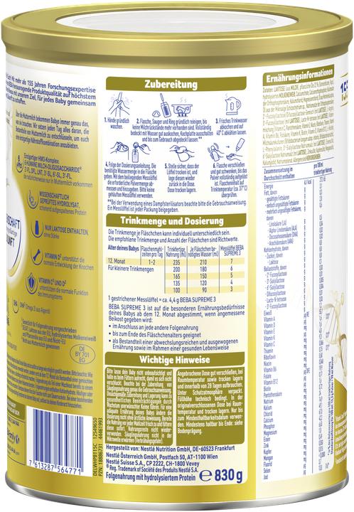 Nährwerte und Zutaten Beba Supreme 3 Plv (830 g)