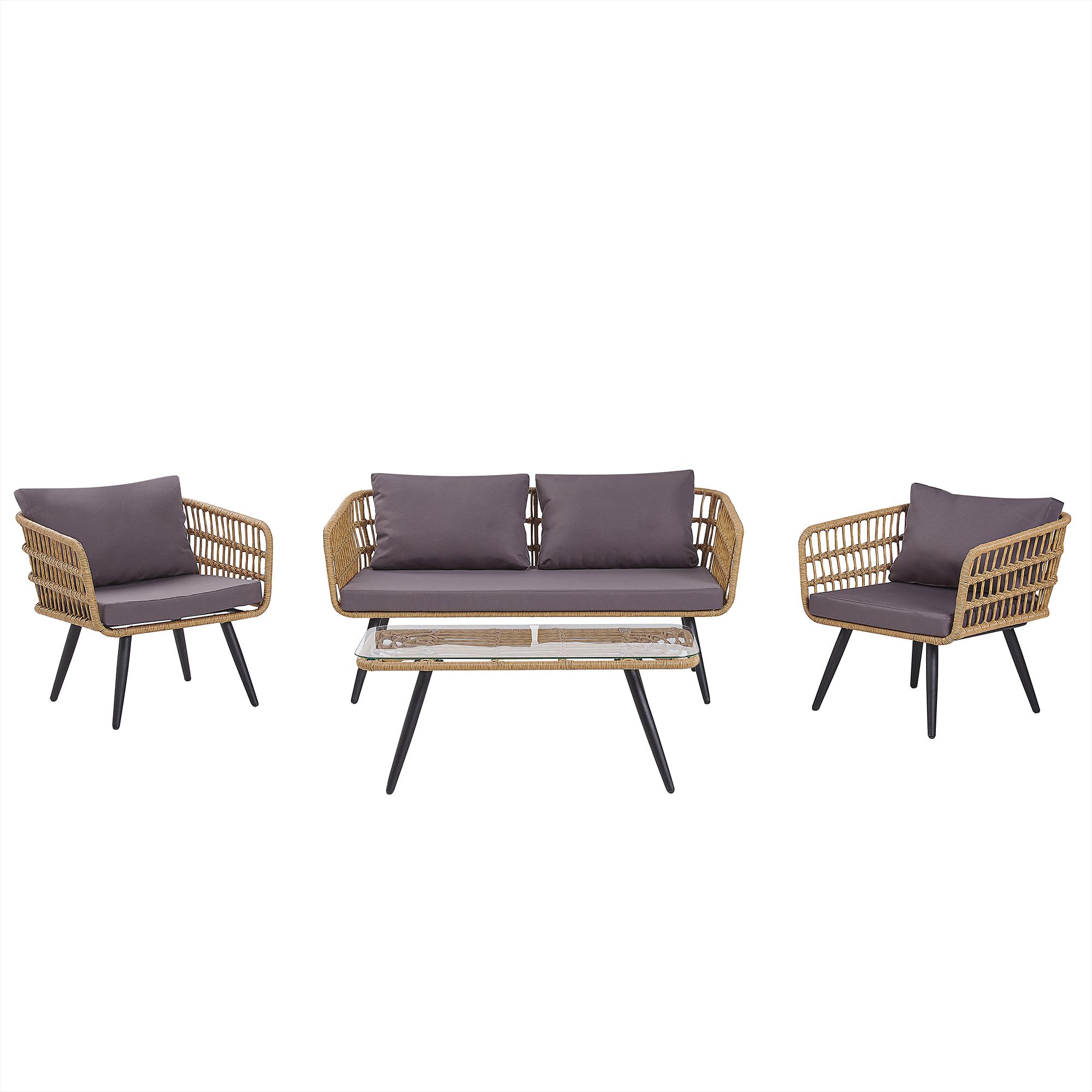 Thumbnail - Beliani, Gartenlounge, Lounge Set Rattan natürlich 4-Sitzer Auflagen graphitgrau FOBELLO