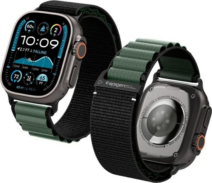 Produktbild Spigen Armband WBF1 Armband für Apple Watch 44 / 45 / 46 / 49 mm - Schwarz und Grün (49 mm, Nylon)