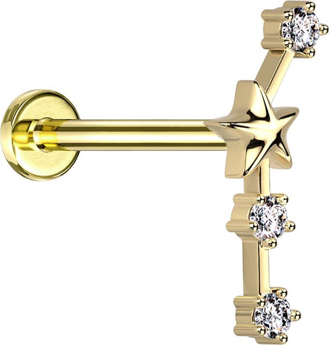 Produktbild Star Piercing Micro Labret Innengewinde vergoldet Sternzeichen Widder mit Kristallen (Messing, Chirurgenstahl 316L)