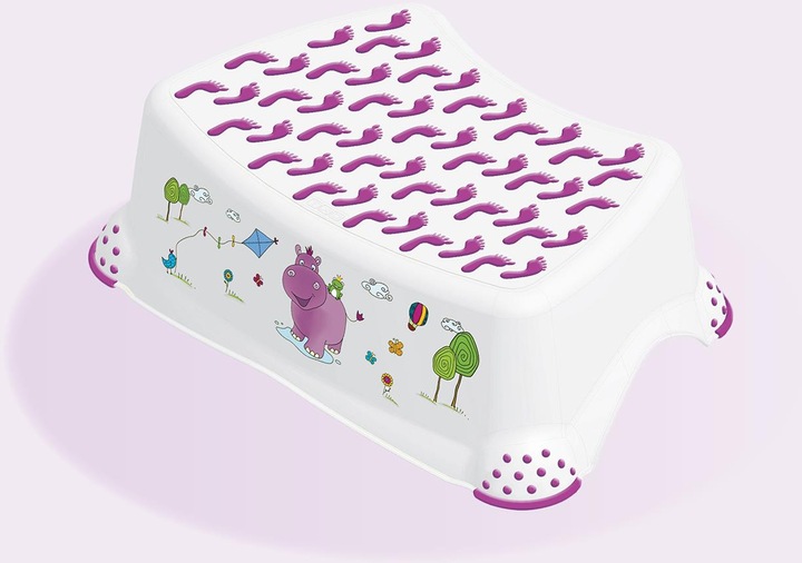 Actual product image keeeper kids step stool ""tomek hippo"", white with print Load capacity: 100 kg, rubberised surface and feet