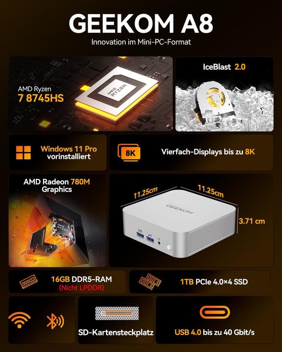 Produktbild Geekom Mini-PC mit Ryzen 7 8745HS & Windows 11 Pro (AMD Ryzen 7 8745H)