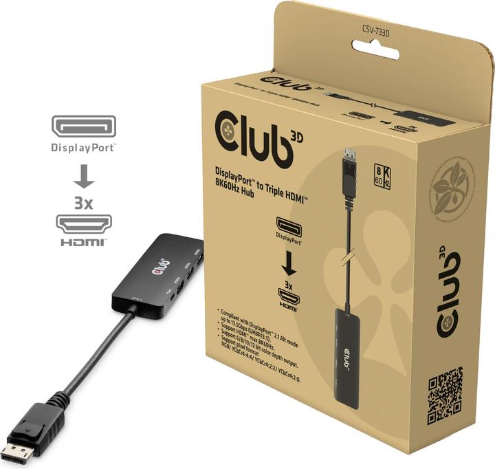 Produktbild Club 3D Club3D Adapter DisplayPort 2.1 > 3x HDMI 2.1 8K60Hz retail (HDMI, 14 cm)