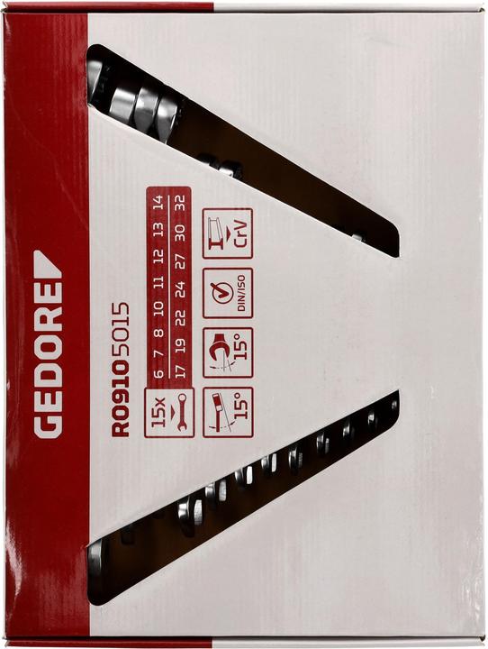 Produktbild Gedore Red red Ring-Maulschlüssel-Satz, 15-teilig, SW 6-32, Chrom-Vanadium-Stahl, Silber (32 mm, 19 mm, 6 mm, 12 mm, 24 mm, 14 mm, 22 mm, 16 mm, 23 mm, 10  mm, 21 mm, 18 mm, 27 mm, 7 mm, 31 mm, 17 mm, 11 mm, 15 mm, 26 mm, 30 mm, 8 mm, 28 mm, 9 mm, 29 mm, 13 mm, 20 mm, 25 mm)