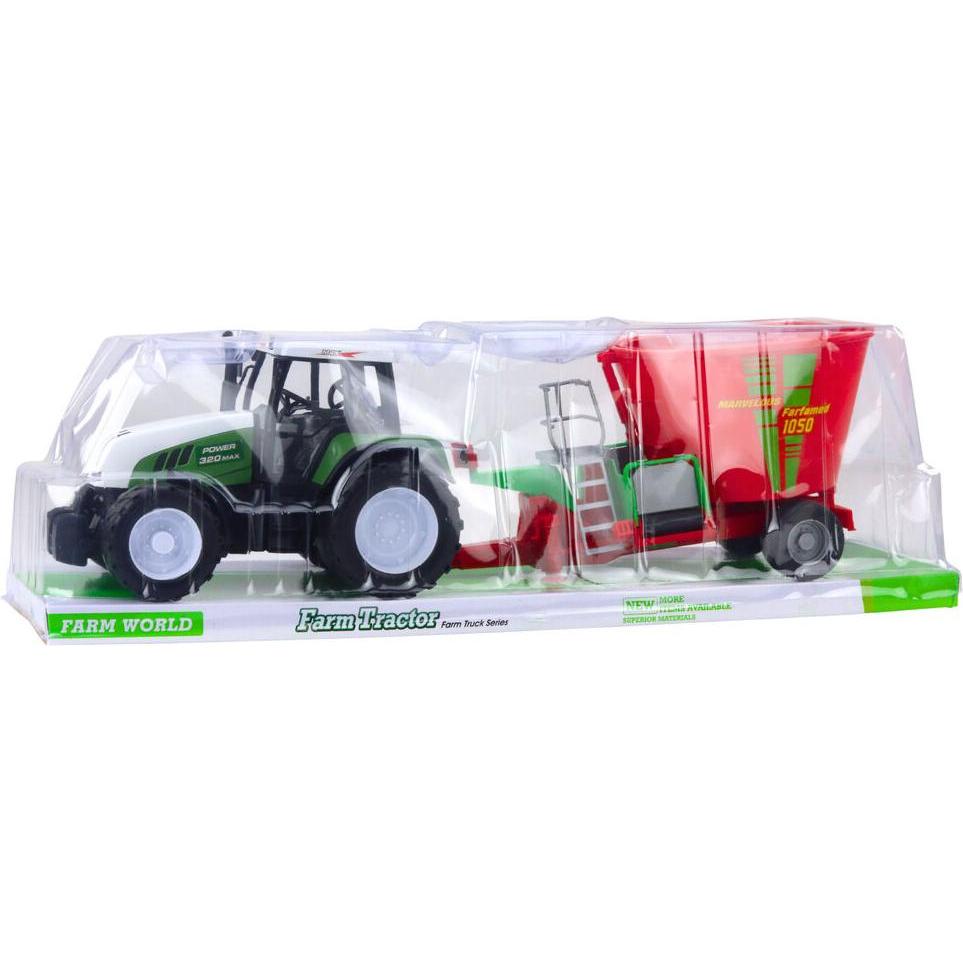 Lean Toys Grüner landwirtschaftlicher Traktor mit Anhänger und Futtermischer 50cm