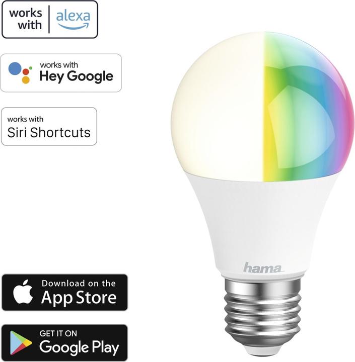 Energie-Label Hama WLAN-LED-Lampe, E27, 8,5W, RGBW, dimmbar, Birne, Sprach-/App-Steuerung, 3St (E27, 806 lm, 3 x)