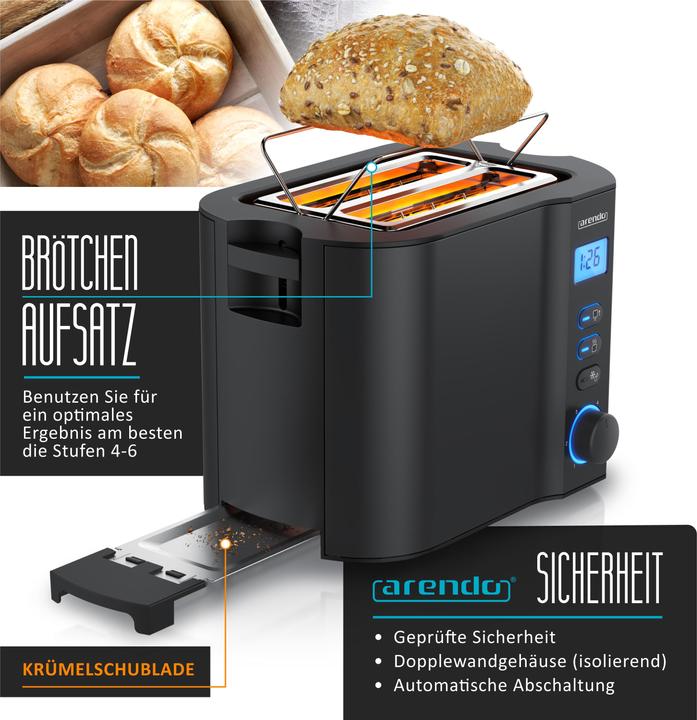 Actual product image Arendo Toaster stainless steel 2 slices short slot, double wall, bread roll attachment, display with