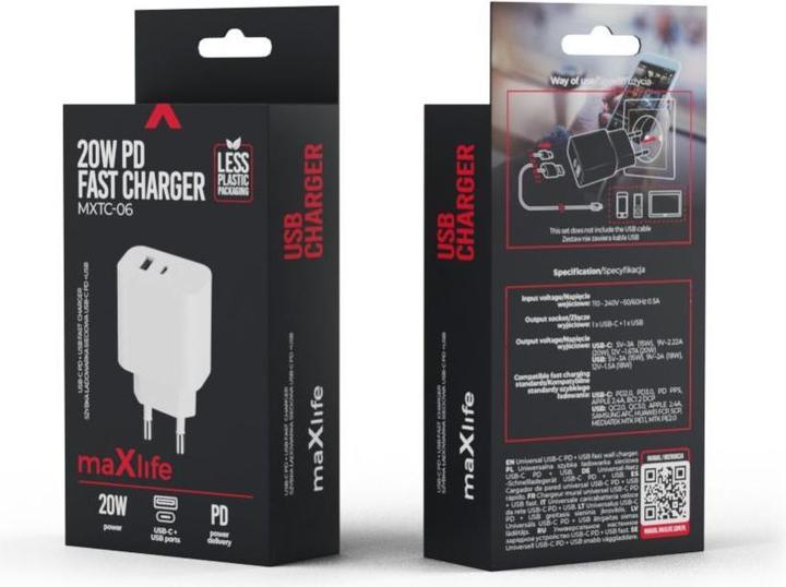 Actual product image Maxlife MXTC-06 PD QC charger 1x USB-C 1x USB 20W white (20 W, 2 ports)