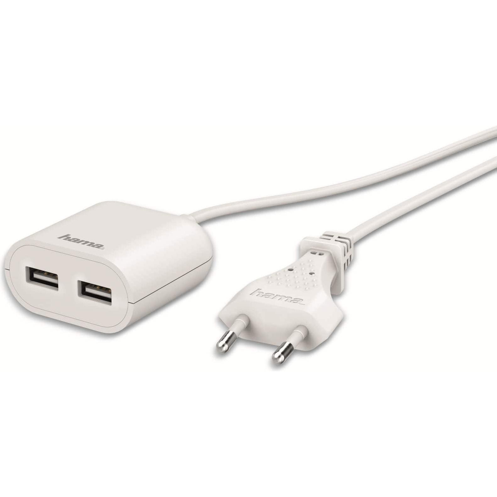Hama USB-Netzteil mit 1,9 m langem Kabel, 2,4 A, 2x USB-A, Weiss (12 W), USB Ladegerät, Weiss