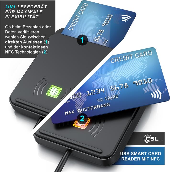 Produktbild CSL USB Chipkartenleser, NFC, ISO 7816/14443, kompatibel mit Mac OS X & Windows 11, für Personalausweis