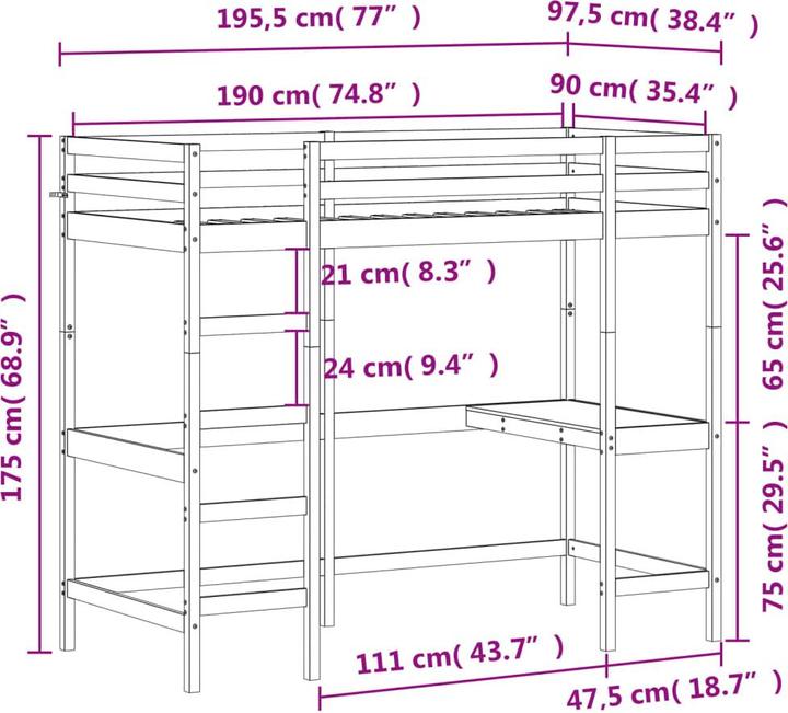 Actual product image VidaXL Loft bed with desk (90 x 190 cm)