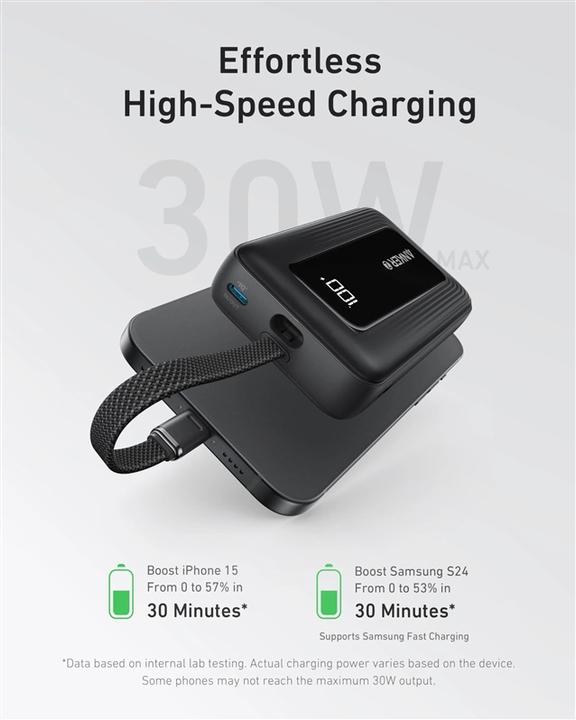 Produktbild Anker Power Bank with Built-In USB-C Cable | A1688H11 | 10000 mAh | Black (10000 mAh, 15 W, 37 Wh)