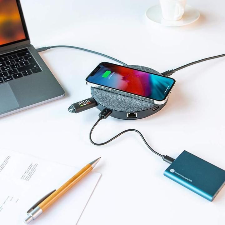 Produktbild Aiino 11-in-1 Multi-Port-Adapter mit QI Wireless Charging, USB 3.0, VGA, HDMI 4K, Ethernet, SD-Reader (USB-C, 11 Ports)