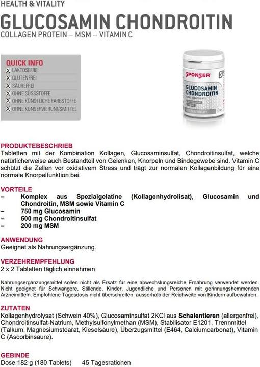 Nährwerte und Zutaten Sponser Glucosamin Chondroitin (180 Stück, Tabletten, 201 g)