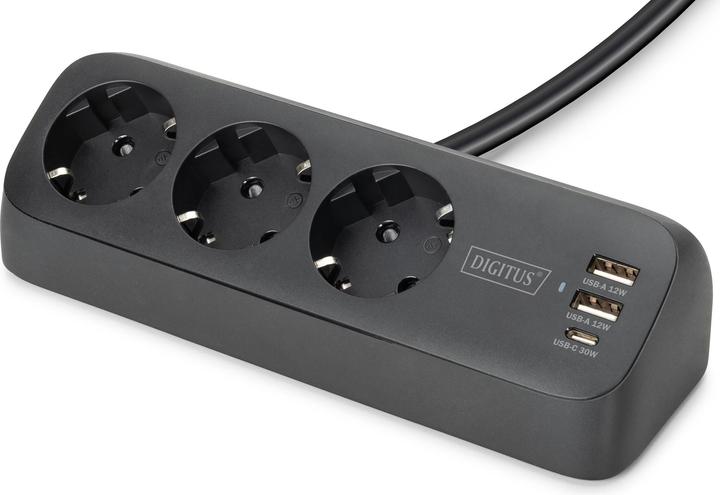Digitus 3-fach Office-Steckdosenleiste mit 2x USB-A und 1x USB-C Anschlüssen, Schwarz (3x, CEE 7/3, 1.50 m)