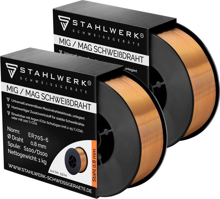Stahlwerk Schweissdraht MIG/MAG Ø 0,8mm Stahl SG2 ER70S-6 1 kg Drahtrolle 2er Set