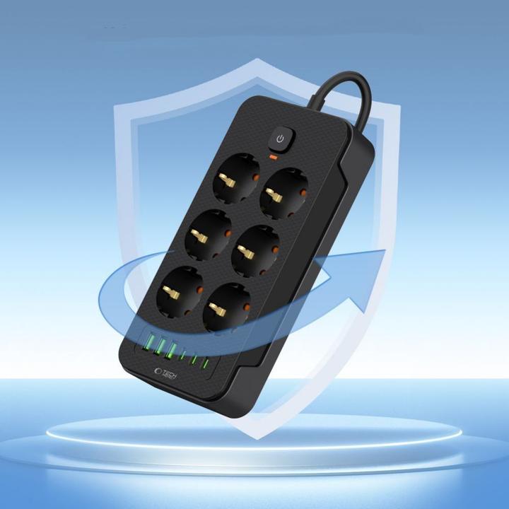 Actual product image Tech-Protect PC6X6 Power Strip 6 Sockets 240V + 3xUSB-A + 3xUSB-C 200cm - Black (3 x, USB-A, USB-C, 2 m)